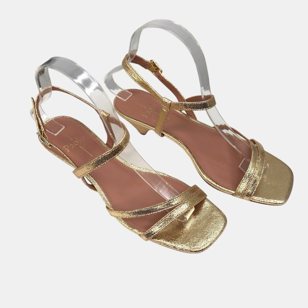Linea Paolo Cannes-L Strappy Kitten Heel Sandal Gold Crinkle Metallic Leather 7M - Picture 10 of 15